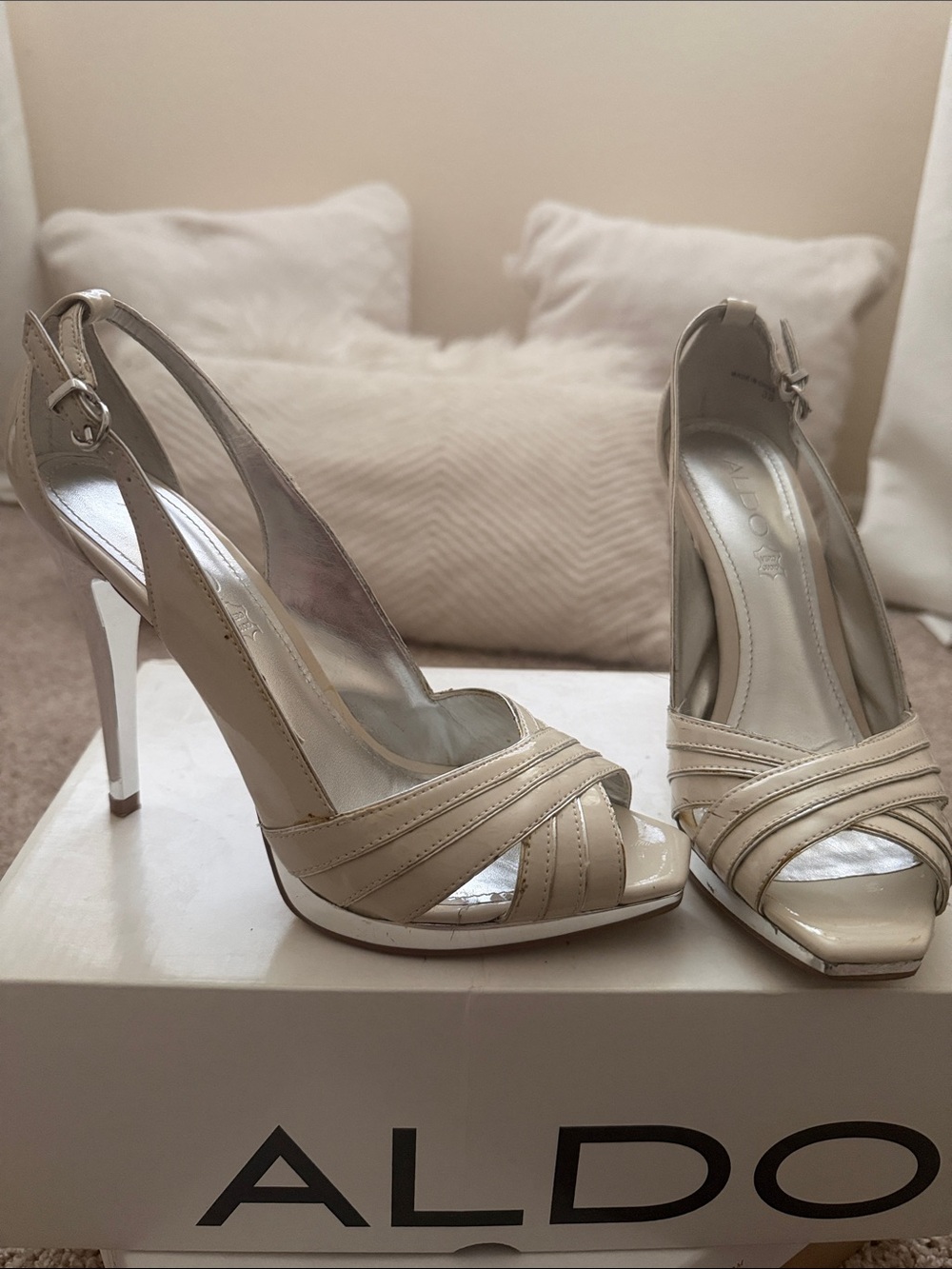 ALDO Cream Patent Slingback Peep-Toe Stiletto Heels